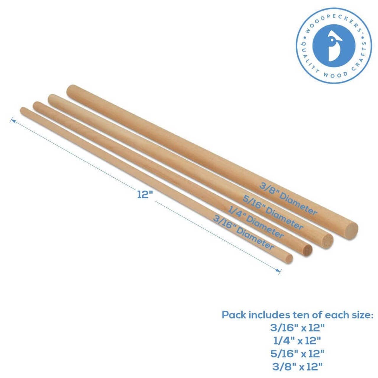 Wood Dowel Rod Pack 12" Assortment, 40 Pieces