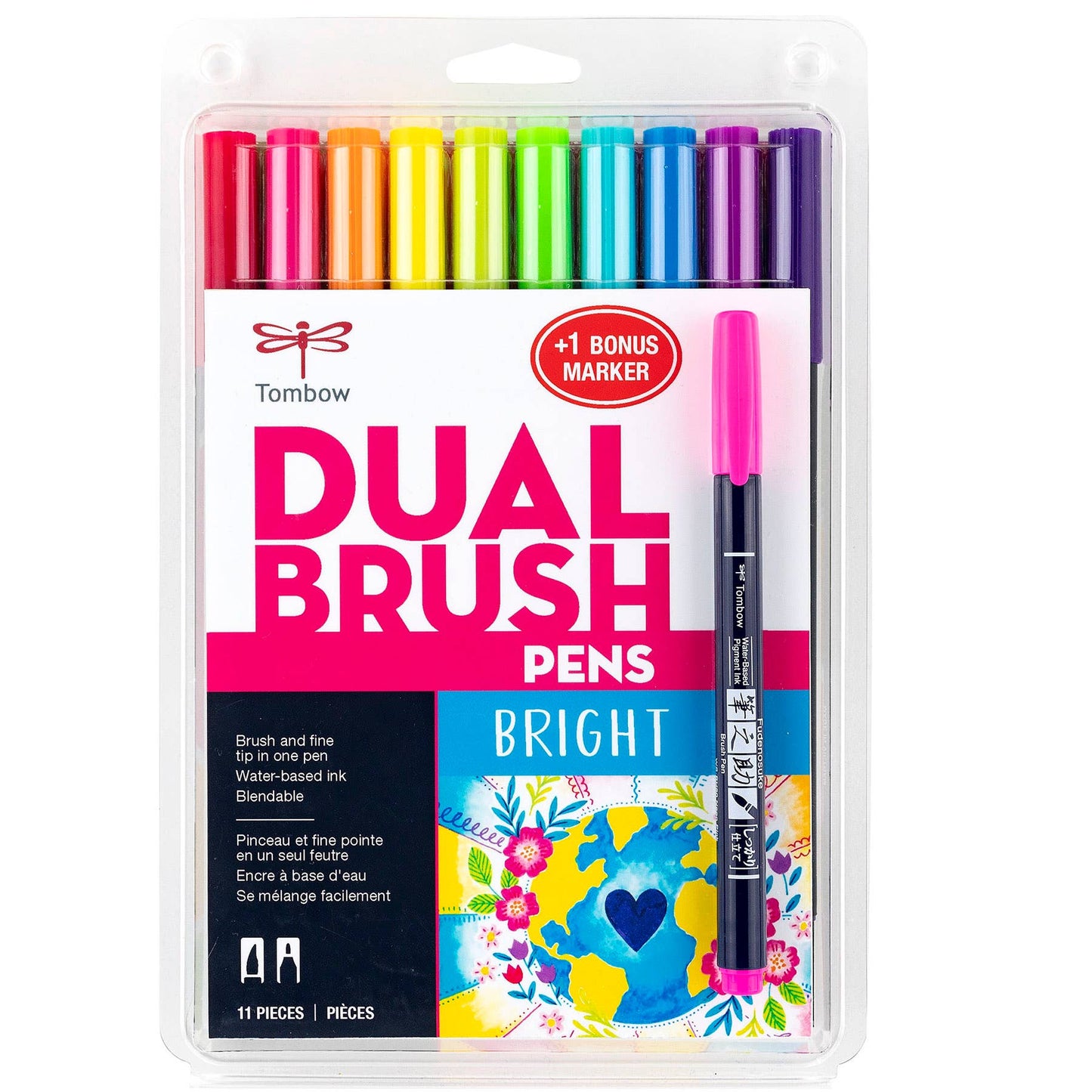 Dual Brush Pen, Bright,10-Pack +Free Fudenosuke