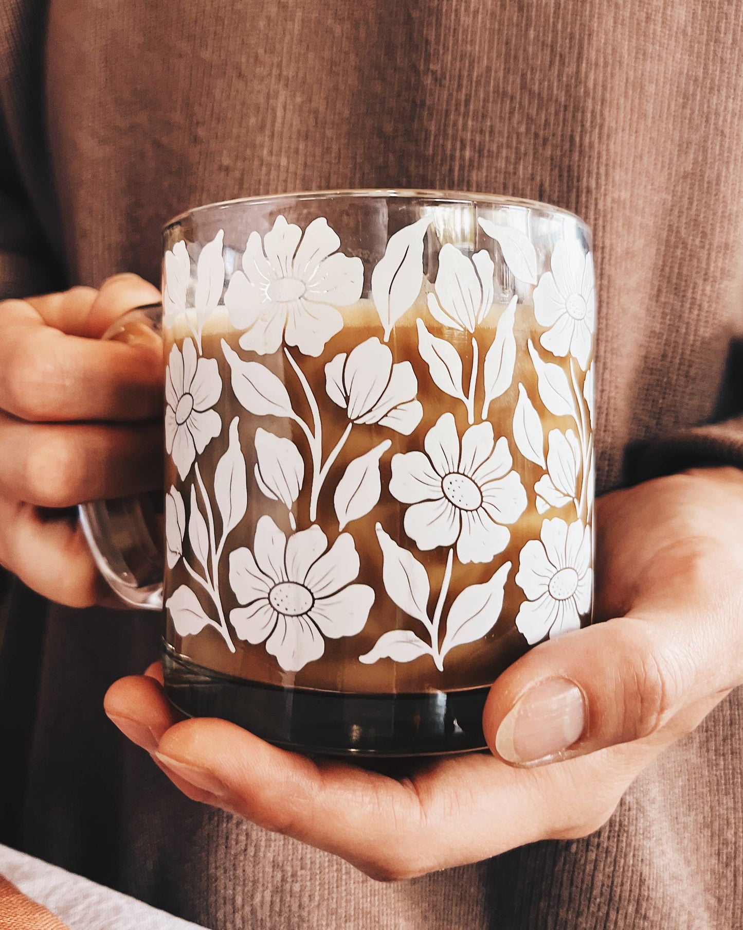 Floral Glass Mug 13 oz White Enamel Coffee Mug